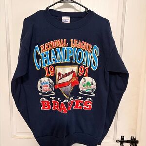 VINTAGE: 1991 Atlanta Braves Navy Crewneck Sweatshirt with Red and Blue Logo